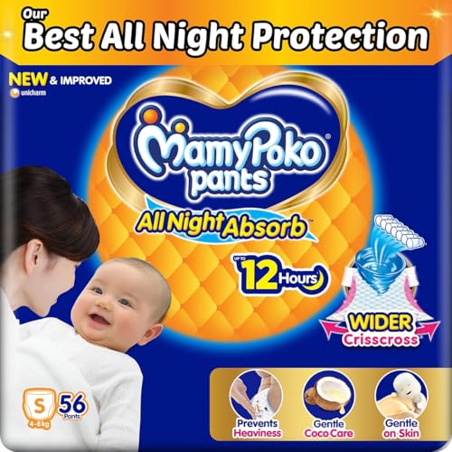 Image of Mamypoko pants All night absorb| Pant Style Baby Diapers Small Size(S), 56 Count, Ideal for 4-8Kgs|1 Diaper= Upto All night Absorption|Wider Crisscross Sheet|Gentle Coco Care| 12hr Leakage Protection| Prevents Heaviness.