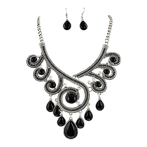 Juego de collar de lágrima de filigrana negra y plateada para mujer 2Chique Boutique