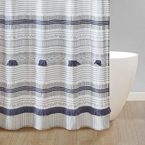 Image of Ink+Ivy Cody 100% Cotton Shower Curtain, Boho Chic Printed Striped with Tassel Pompom, Fringes Trim, Modern Bathroom Decor, Machine Washable 72 inch x 72 inch Grey /Navy