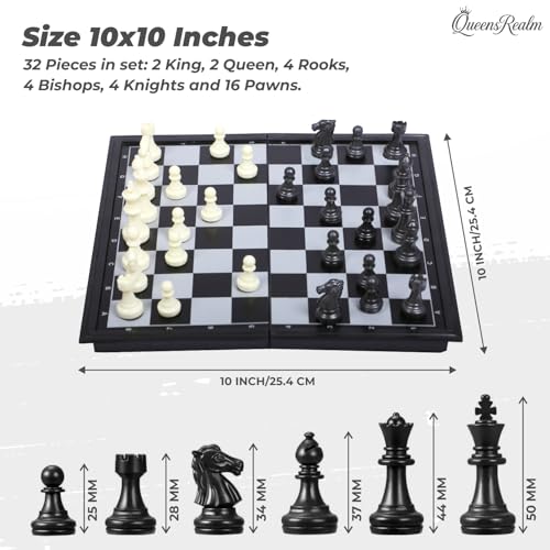 Image of QueensRealm 10 Inch x 10 Inch Magnetic Chess Board Set | Foldable Chessboard for Kids & Adults, Compact & Portable Travel Chess with Inbuilt Storage, 2 Player Board Game (Folding Plastic Chess)