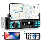 Single Din Car Stereo with Bluetooth - 1 DIN Car Radio with Mobile Phone Holder - App Control Hands Free Calls FM USB Charging Colorful Backlight + Remote Control