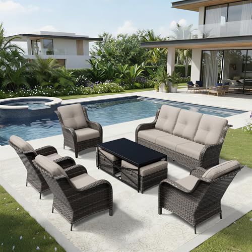 Image of Joyside 8 Piece Wicker Patio Furniture Set, Rattan Patio Chairs with High Back, Deep Seating, Wide Armrest, Thickened Cushions, Outdoor Furniture for Deck, Porch Use