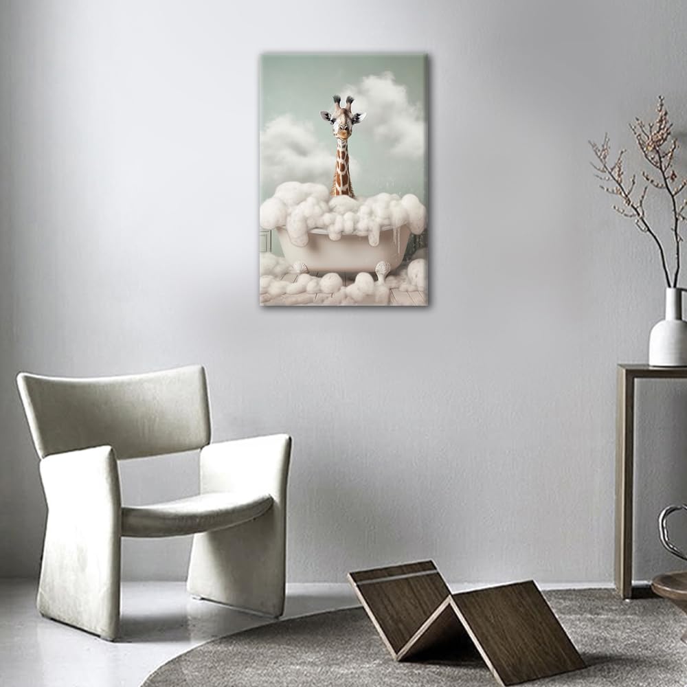 TISHIRON 1 Pieces Bathtub Animal Giraffe Pictures Home Decor Giraffe Bathing in the Bathtub Bathroom Wall Art Modern Home Decor Posters & Prints Stretched and Framed Ready to Hang (16" Wx24 H) - Image 2
