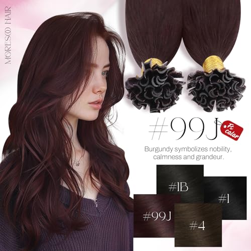 Image of Moresoo U Tip Hair Extensions Human Hair, Wine Red, 20 Inch | 50g 50 strands, hot fusion keratin tips, long straight styles, vibrant burgundy finish, date night styling