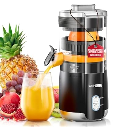 Foto di FOHERE Spremiagrumi Elettrico Automatico,100W Spremiagrumi Professionale Estrattore Frutta e Verdura con Beccuccio Antigoccia, 2 Coni Intercambiabili per Limone, Arancia, Uva e Kiwi, Nero