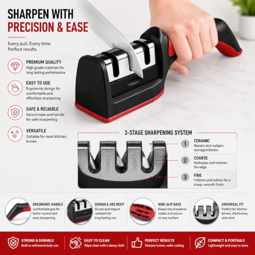 Image of Knife Sharpener with 3-Stage Sharpening System | Manual Kitchen Sharpener for Home | Professional Sharpening Tool for Steel & Ceramic Knives