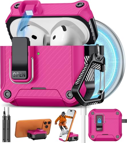 Image of Pohgelan for AirPods 4 Case with Safety Lock-Rose red | Carbon Fiber Texture Cover,Magnetic Automatic Lock with Cleaning Kit&Keychain,Compatible with Magsafe