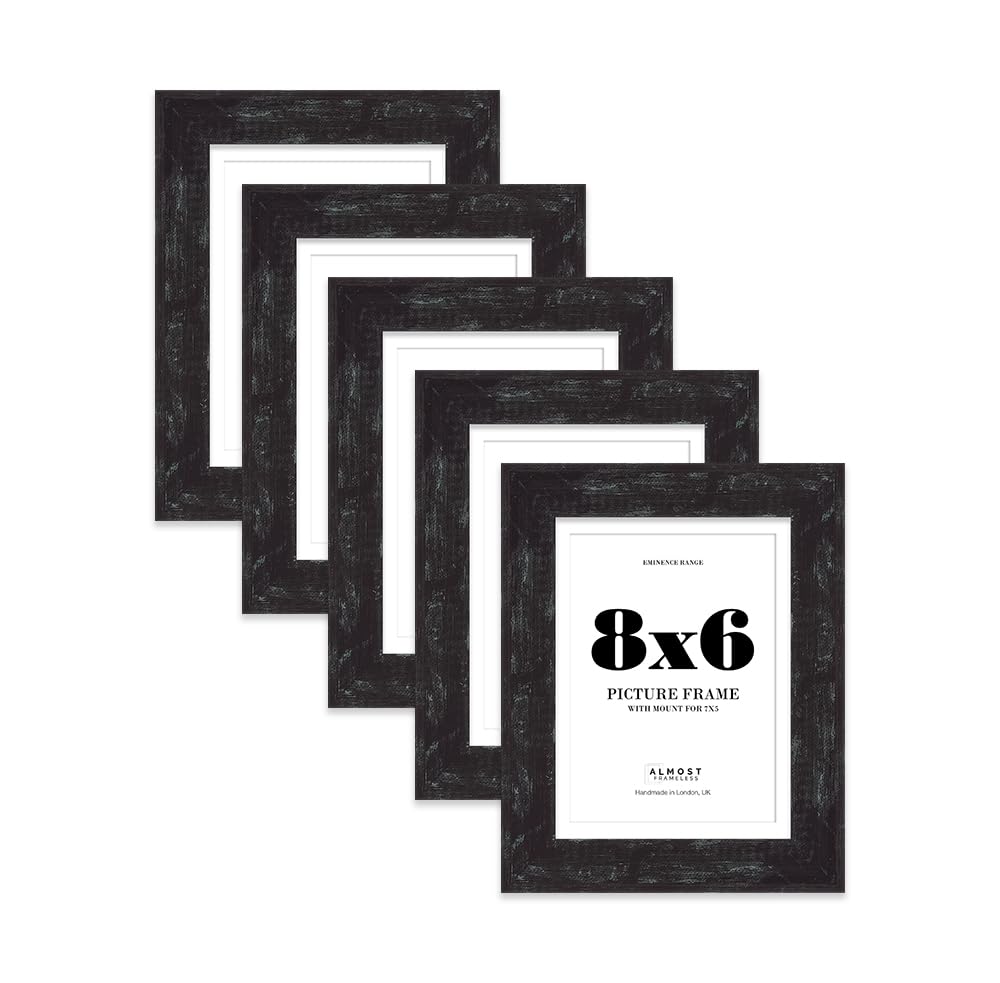 8x6" Distressed Black Picture Frame with 7x5" Mount - Industrial Photo Frame with Distressed Finish, Wall Hooks and Kickstand, 32mm Edge - 5 Pack