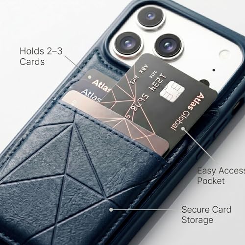 Image of amazon basics Premium Vegan Leather Back Cover with Card Holder and Integrated Mobile Stand for iPhone 17 Pro - Slim Shockproof Wallet Case with Geometric Stitching [Blue]