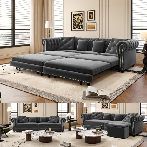 WDYLWFHW 89' Velvet Pull Out Sofa Bed with Ottoman, Convertible Sleeper Sofa with Pillows, Tufted Chesterfield Sofa, King Size Couch Bed Chaise Lounge for Apartments, Living Room (Grey)