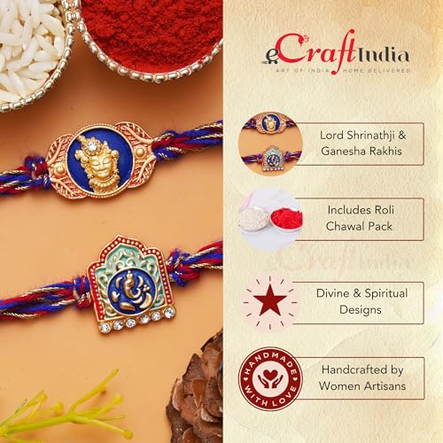 Image of eCraftIndia Unisex Adult Set Of 2 Peacock Feather And Floral Designer Rakhis For Brothers With Roli Chawal