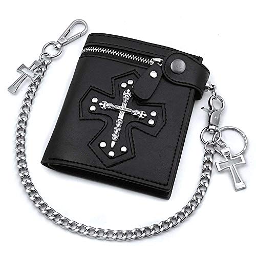 vogueteen Mens Gothic Cross Clasp Black Leather Wallet with Anti-Theft Biker Chain Man Zipper Purse3