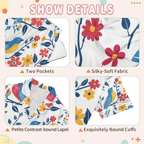 senya Birds and Flowers A Satin Summer Pajama Sets Silk Short Sleeve Button Down Sleepwear3