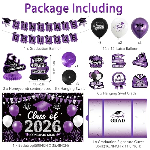 Image of Vlipoeasn Purple 2026 Graduation Party Decorations 2026 College /High School Graduation Decorations Party Supplies, Black and Purple Class of 2026 Congrats Grad Backdrop Banner Signature Book