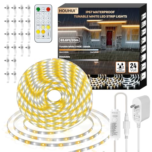 Image of 65.6ft Outdoor LED Strip Lights IP67 2700K-6500K CCT White with Remote | Warm to Cool Tunable White IP67 Waterproof LED Tape Light with Dimmer&Timer, 24V Outdoor Rope Lights for Backyard Patio House