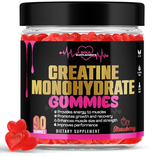 Generic Creatine Monohydrate Gummies for muscle recovery, muscle gain and strength, energy focus and brain health, gluten free, non GMO, vegan supplement for men and women, 30 servings 90 ct