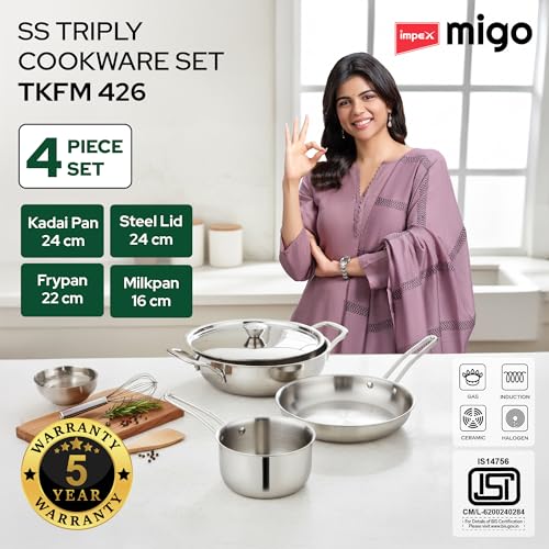 Image of Impex 4 Piece Triply Stainless Steel cookware Set | 24cm Triply Kadai with Lid | 22cm Fry Pan |16cm Milk Pan | ISI Certified Nonstick 3-Layer Body | Fast & Even Heatin| 100% Toxin-Free | 5 Yr Warranty