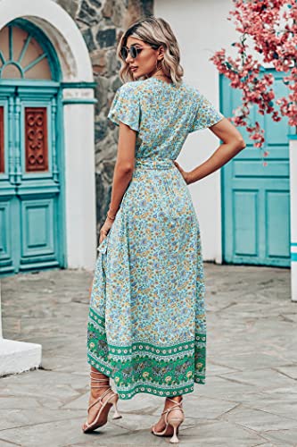 Image of PRETTYGARDEN Women Boho Summer Side Split Deep V Neck Short Sleeves Maxi Dress with Belt