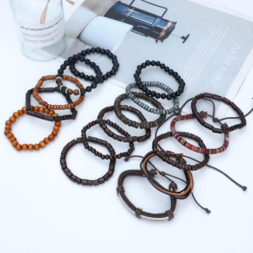 NEWITIN 36 Pieces Braided Leather Bracelets for Men Woven Cuff Wrap Bracelet Wood Beads Cuff Bangle Adjustable Wristband Bracelets Ethnic Tribal Bracelet Set for Women Men4