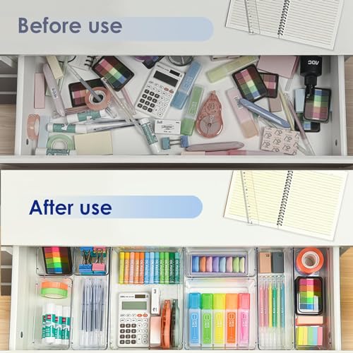 Image of UCRAVO 5Pcs Clear Plastic Drawer Organizers Set, Clear Drawer Organizers & Storage Bins for Makeup /Jewelry Vanity, Kitchen Or Office Desk. Bathroom