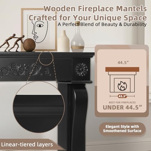 Image of Modern Fireplace Mantel Surround, Decorative Wooden Freestanding Mantel for Electric Fireplace, Waterproof & Anti-Tipping, Premium MDF Mantel with Leg for Living Room, Black