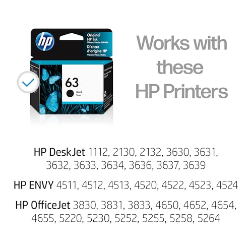 hp 63 black ink cartridge for hp printers  works with printer series deskjet 1112 2130 3630 envy 4510 4520 officejet 3830 4650 5200  eligible for instant ink  f6u62an