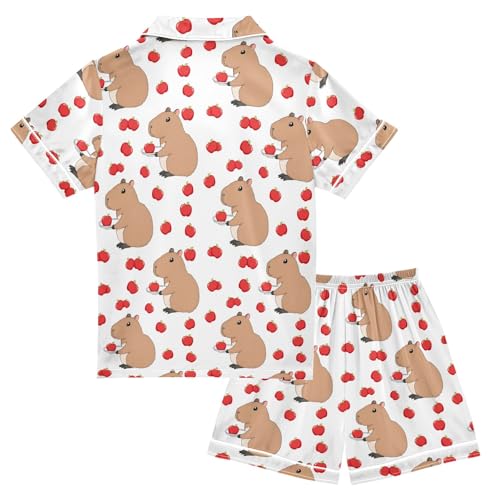 Cute Capybara with Apple Summer Satin Pajama Set, Cute Button-Down Sleepwear Pj Set for Sleep Wears2