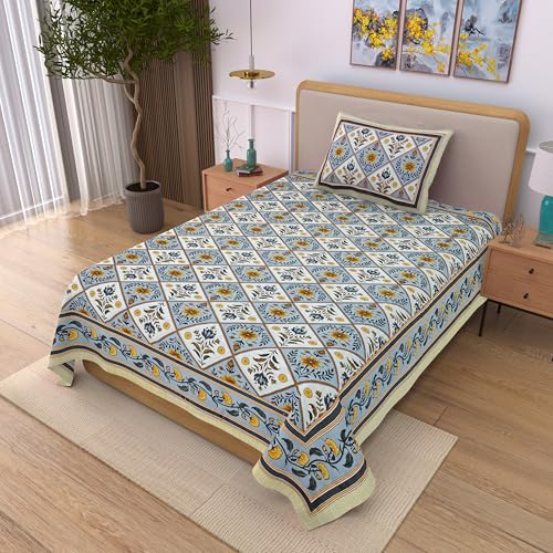 Image of 100% Cotton Single Bedsheet with 1 Pillow Cover | 240 TC Pure Cotton Flat Bed Sheet | Traditional Jaipuri Printed Bedding Set | Soft & Breathable | 60 x 90 Inch (Rangmahal Single 53)