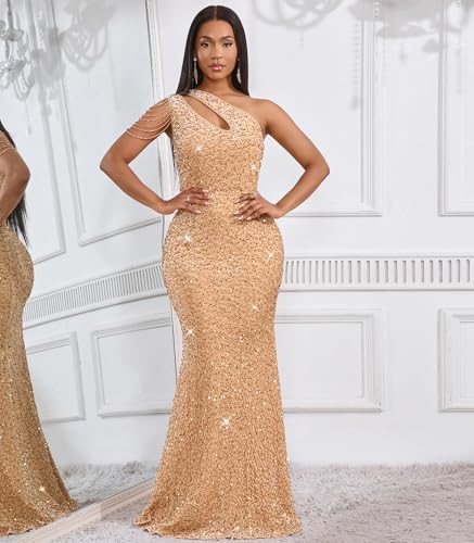 Image of Cololura Women Sequin Elegant Sexy One Shoulder Tassel Mermaid Bodycon Cocktail Evening Dress