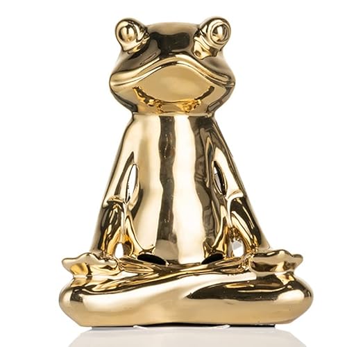 Gold Frog Statue Ceramic Yoga Animal Figurine Zen Frog Statues for Home Table Spiritual Room Decortion, A