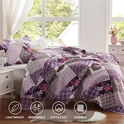 King Size Quilt Set 3 Pieces Lightweight Reversible Bedspread-98''x106'' Soft Patchwork Floral Coverlet Luxurious Warm Microfiber Bed Cover All Seasons Purple Bedding Set(1 Quilt,2 Pillow Shams)