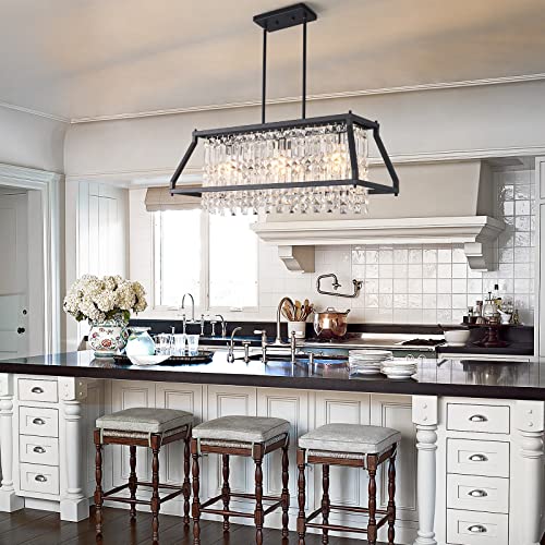 Image of LMQNINE Chandeliers for Dining Room, 3-Light Trapezoidal Industrial Dining Room Light Fixture Farmhouse Chandelier Crystal Pendant Lights Kitchen Island Living Room (Black 30.7 inch)