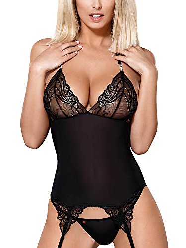 Obsessive Bezauberndes Strapshemd aus verführerischem Netz und Spitze mit String, schwarz (S/M)