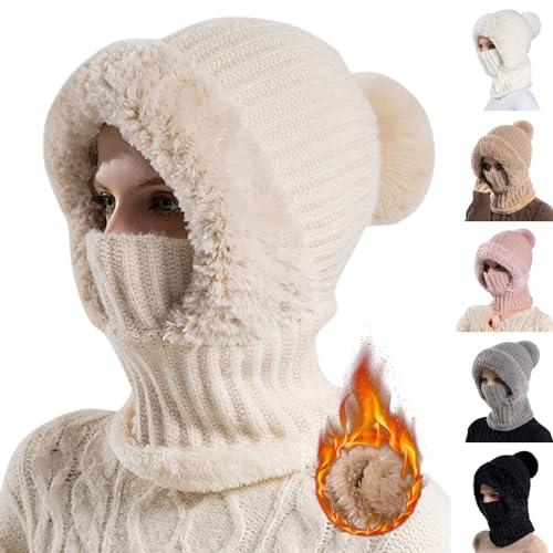 Generisch 3-In-1 Sturmhauben Mütze Mit Schal Und Maske, Strickmütze für Damen im Herbst und Winter BalaclavaDamen, Schalmütze Damen, Winddichter Nackenwärmer Für...