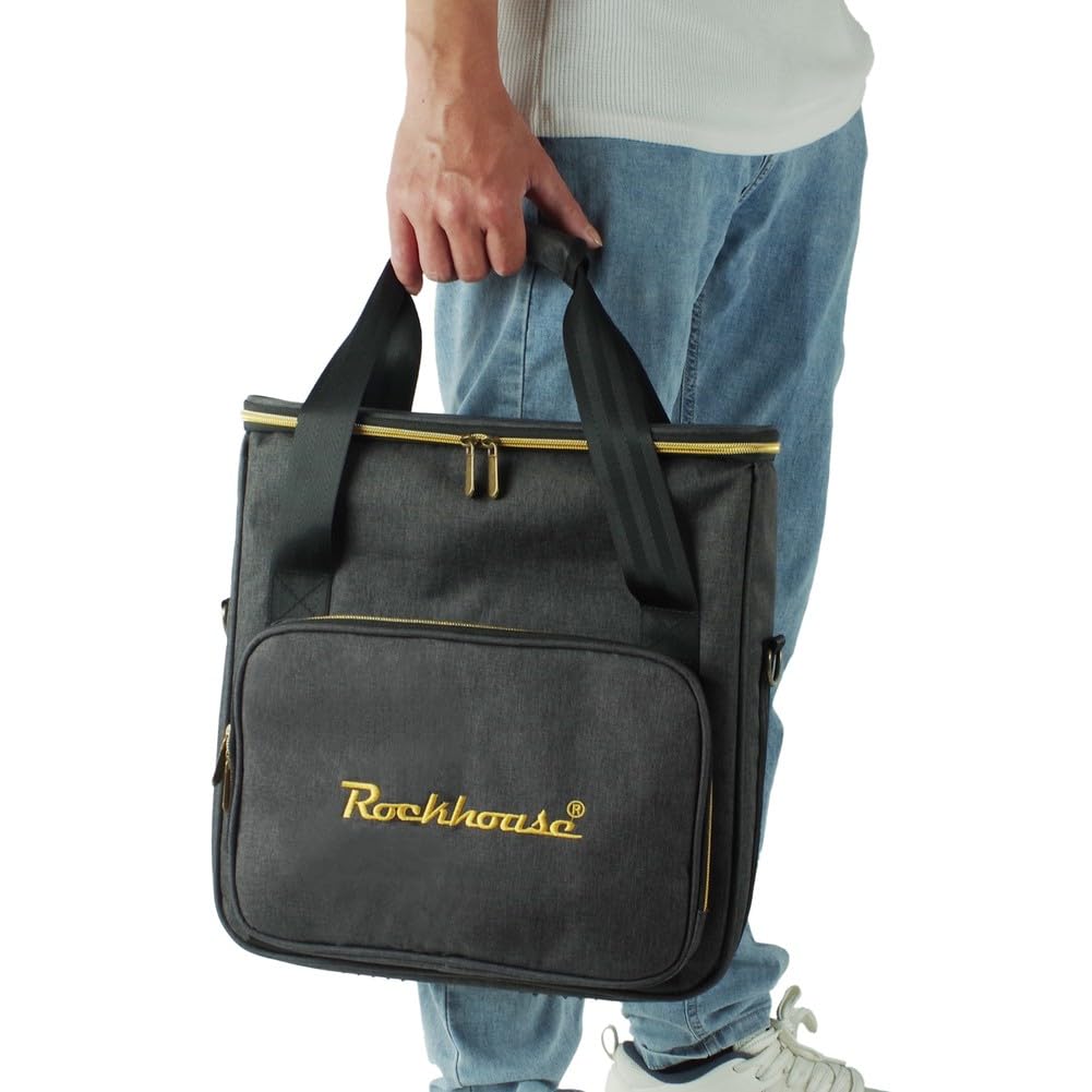 Bolsa de almacenamiento de discos de vinilo para LP de 12 pulgadas, funda de tela catiónica con acolchado de 8 mm, transportador a prueba de polvo con correa para el hombro y bolsillo