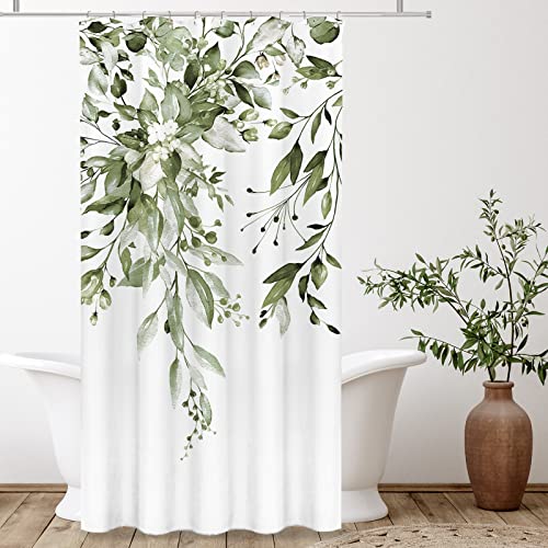 Tititex Olive Green Eucalyptus Shower Curtain Sets, Watercolor Leaves on The Top Plant with Floral Bathroom Decoration 36x72 Inch with Hooks