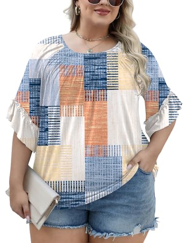 Image of Micoson Womens Plus Size Tops 3 /4 Ruffle Sleeve Crewneck Pleated Shirts