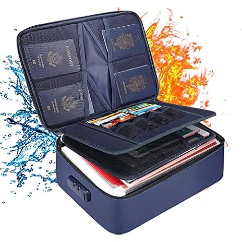 File Storage Box Fireproof Lockable Document Box 3-Layer Document Safe Bag with Waterproof Ziper Portable Office Home Travel Organizer Bag for Certificates,Passport,Contract,Laptop, Files,Cards Cover