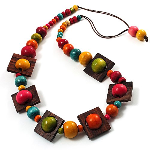 Collier en coton Avalaya avec perles de bois carrées multicolores de 74 cm