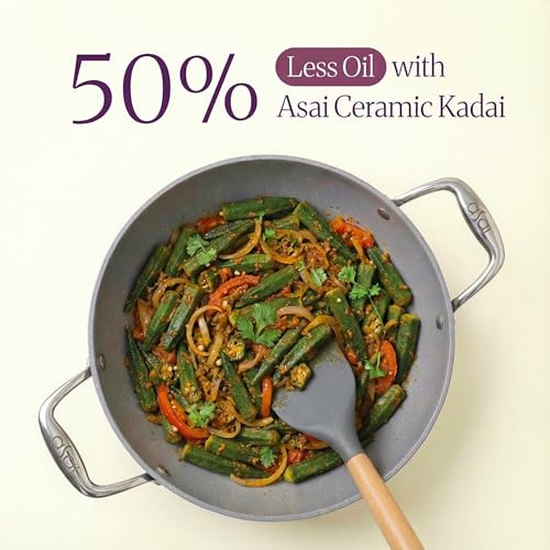Image of Asai Ceramic Non Stick Kadai 26cm (3.5L) with Glass Lid & Spatula | Green | Swiss Ceramic Coating | Gas & Induction Compatible | Stay-Cool Handles | Lab-Tested | 100% Toxin Free | Silicone Spatula