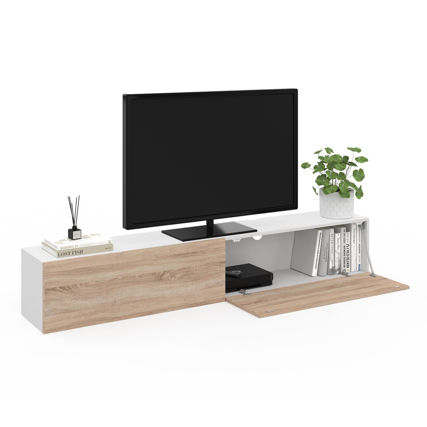 IDMarket - Mueble TV suspendido ELIO 2 puertas blanco y madera 180 cm