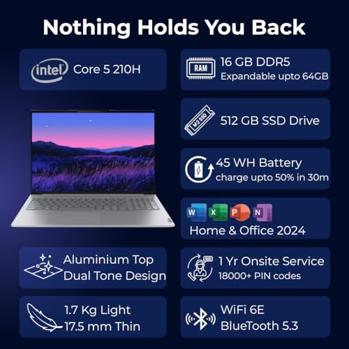 Image of Lenovo ThinkBook 16 Intel Core 5 210H 14th Gen (16GB /512GB SSD /Win 11 Home /Fingerprint Reader) 16 inch WUXGA IPS 300 Nits Antiglare Laptop /Aluminium Top /Arctic Grey /1Y Warranty /1.7Kg, 21SHA05BIG