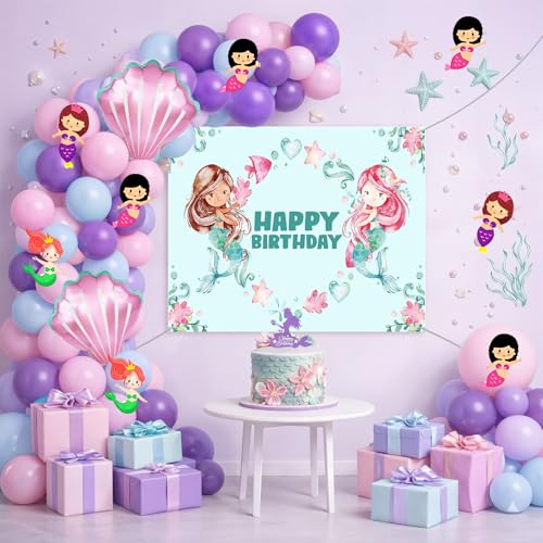 Image of Party Propz Happy Birthday Decoration Kit for Girls - 47 Pcs,Birthday Decorations for Girls with Shell Foil Balloons, Birthday Backdrop for Decoration, Mermaid Theme Decor for Baby (Cardstock,Latex)