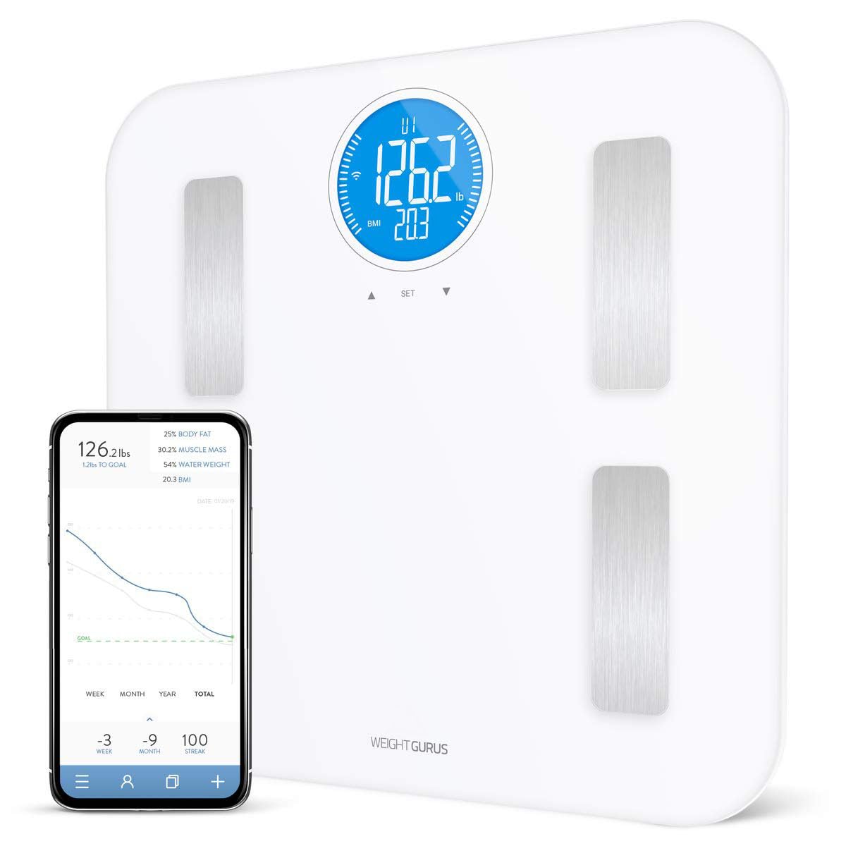Weight Gurus WiFi Smart Connected - Báscula de grasa corporal con pantalla LCD grande retroiluminada (blanco + inoxidable) (blanquecino