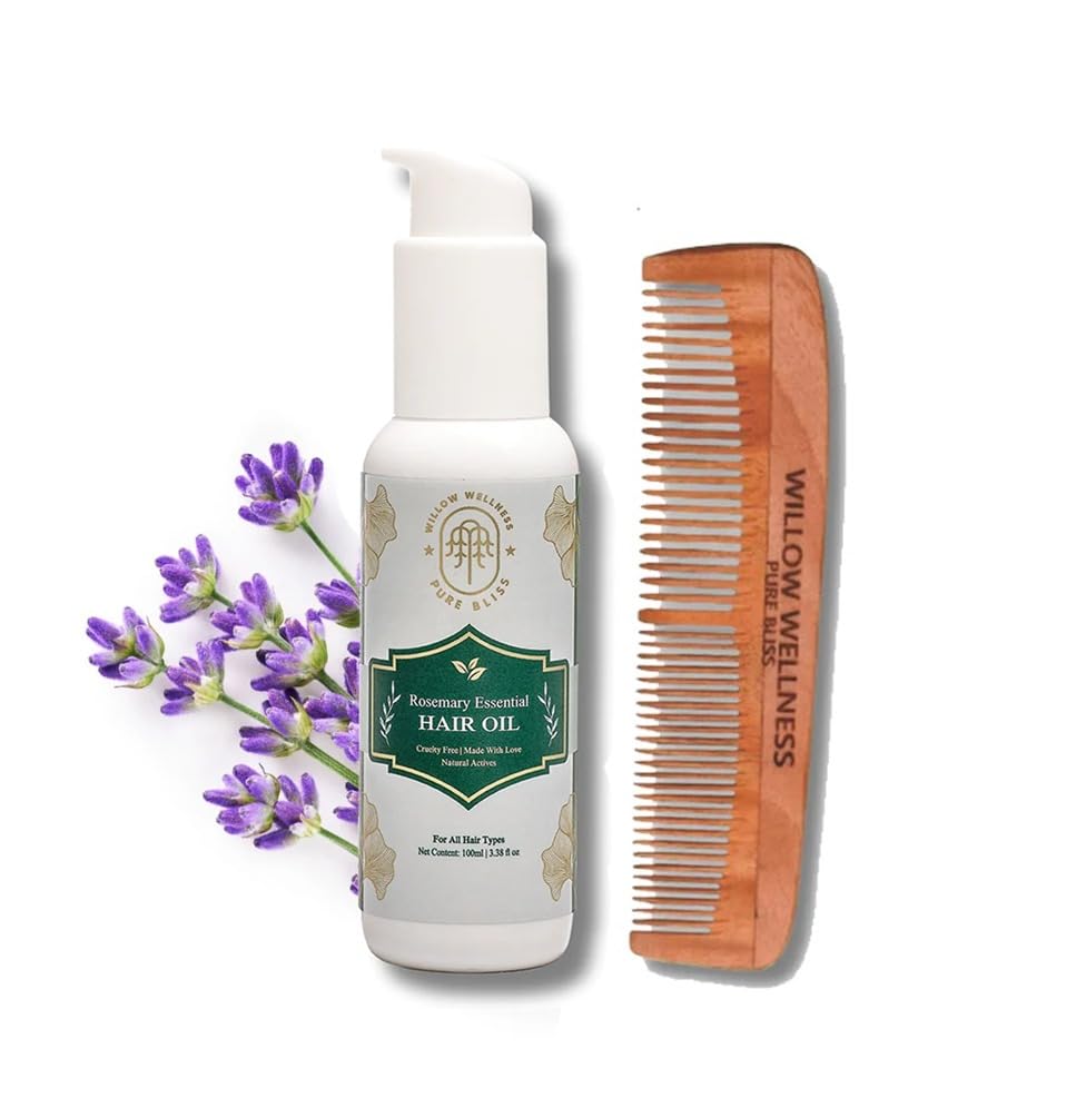 Willow Wellness Rosemary Essential Oil & Neem Wooden Comb | Anti Hair Fall, Hair Growth & Dandruff Control | Pure & Natural Hair Care Kit for Thicker, Fuller Hair | Men & Women-image-34