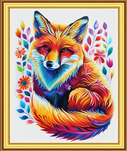 Image of Foxnyart Stamped Cross Stitch Kits Full Range of Embroidery Needlework Starter Kits for Beginners Adults 11CT Embroidery Patterns Art Crafts DIY Needlepoint Kit- Colorful Fox Flower 16x20 inch