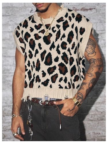Men's Leopard Sweater Vest Y2k Cheetah Distressed Crewneck Cap Sleeve Knit Tops3