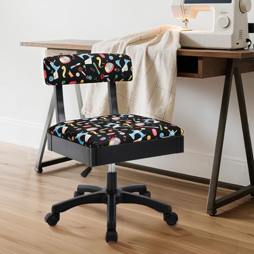 Lessmore Adjustable Height Sewing and Crafting Chair with Wheels Back Support and Under Seat Storage - Perfect for Your Craft Room Furniture and Craft Machines (Pattern-Blue)
