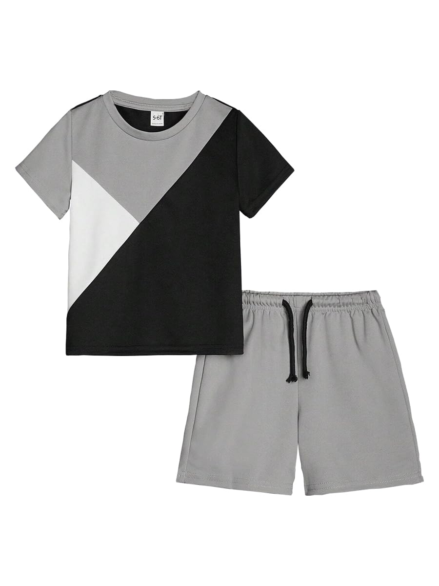 Ayzozuy Young Boy Clothes Colorblock Top + Drawstring Waist Shorts 2 Pieces Kid Summer Outfits Set