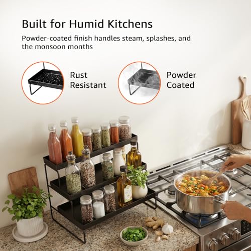 Image of amazon basics 3-Tier Kitchen Spice Rack Organizer | Rust-Free Iron Multi-Purpose Storage Shelf | 31 L x 30 W x 13 H cm